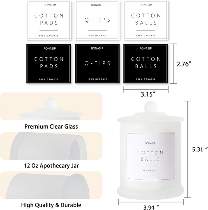 Ronasip Qtip Holder & Cotton Pad Dispenser, Bathroom Organizer and Storage Canisters, 16oz Glass Apothecary Jars for Kitchen, Restroom - Home Decor, Room Decor Aesthetic (2 Pack, Frosted White) - Image 5